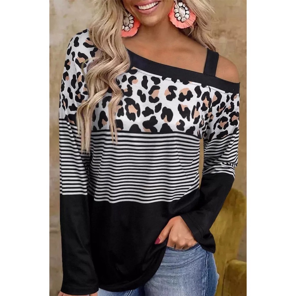Black Leopard Striped Slash Collar Long Sleeve
Blouse